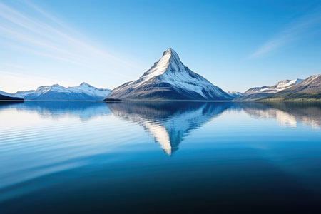 crystal clear reflection of a mountain in a calm lake, created with generative aiの素材