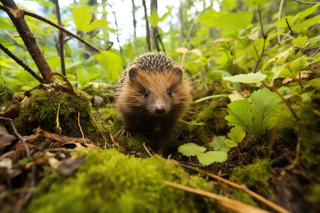 hedgehog wandering through leafy underbrush, created with generative aiの素材