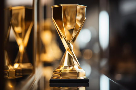 close up of a gold trophy on a mirrored surface, created with generative aiの素材
