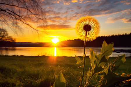 dandelion in full bloom against a sunset, created with generative aiの素材
