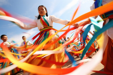 colorful ribbons flying in the air with folk dance spin, created with generative aiの素材