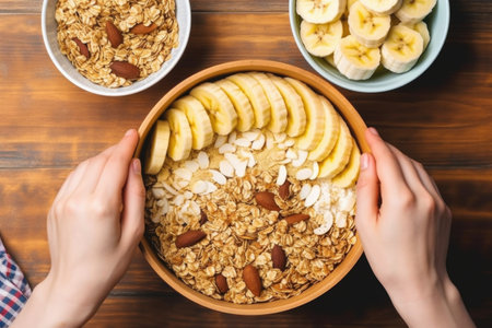 hands placing sliced bananas on top of a granola bowl, created with generative aiの素材