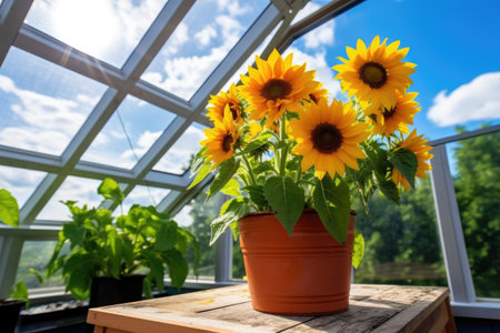 potted sunflowers in a backyard sunroom with blue sky outside, created with generative aiの素材