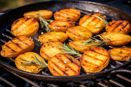 detail of grilled potatoes with rosemary in a copper pan, created with generative aiの素材
