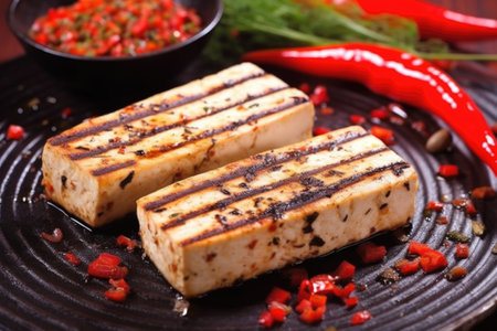 grilled tofu steaks with a backdrop of red chili peppers, created with generative aiの素材
