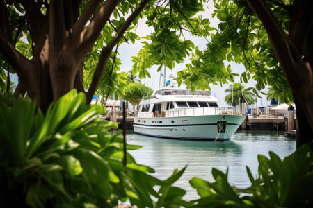 elegant yacht in a marina, framed by lush greenery, created with generative aiの素材