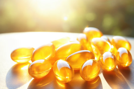 several vitamin d capsules on a natural sunlight background, created with generative aiの素材