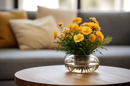 vase with fresh flowers on a coffee table, created with generative aiの素材