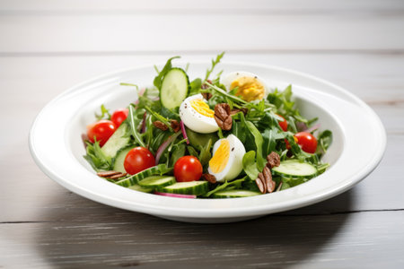 a healthy salad to represent eating light meals on a white plate, created with generative aiの素材