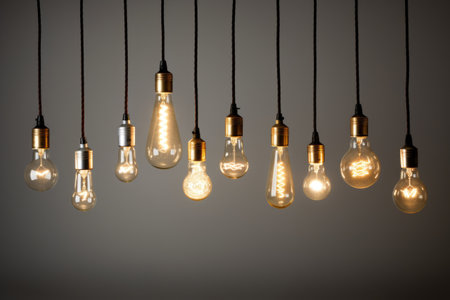 collection of minimalist light bulbs against a grey background, created with generative aiの素材