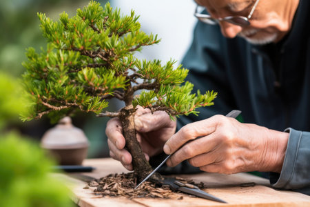 hands pruning a bonsai tree with tiny shears, created with generative aiの素材