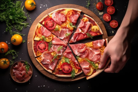 hand arranging slices on the pizza for aesthetic charm, created with generative aiの素材