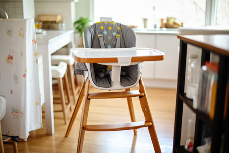 a babys high chair next to a dining table setup, created with generative aiの素材