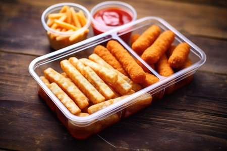 arranging mozzarella sticks in snack box for take away, created with generative aiの素材