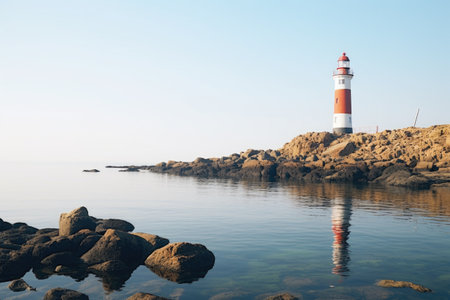 lighthouse standing tall by the sea under clear skies, created with generative aiの素材