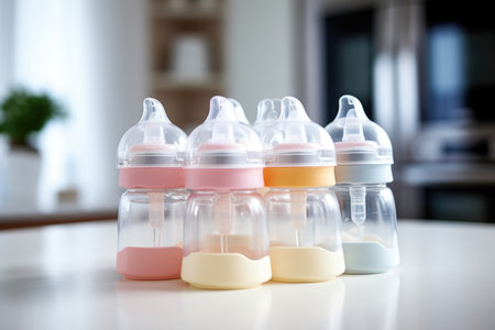 a stack of baby feeding bottles on the kitchen counter, created with generative aiの素材
