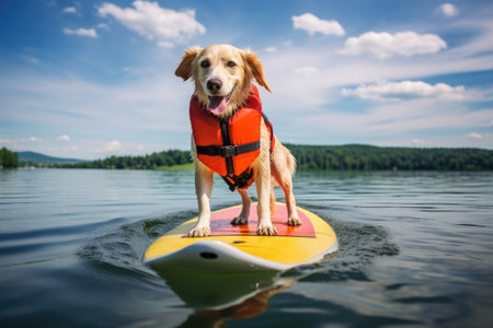 a dog in a life vest on a paddleboard on lake, created with generative aiの素材