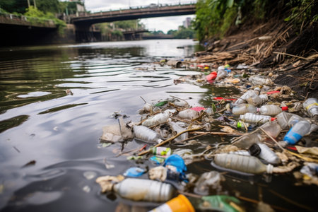 plastic waste floating in the river, created with generative aiの素材