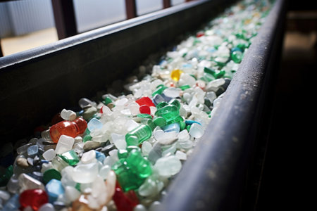 crushed plastic bottles on a conveyor belt at a recycling plant, created with generative aiの素材
