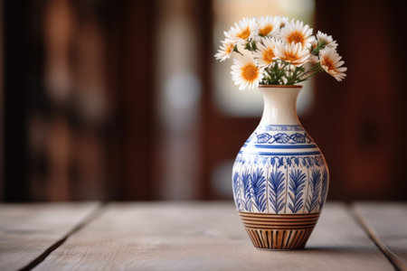 delicate ceramic vase sitting on a wooden table, created with generative aiの素材