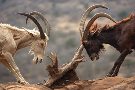 two goats clashing horns on a rocky landscape, created with generative aiの素材