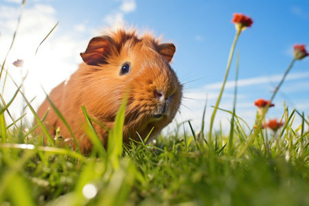fluffy guinea pig exploring a patch of grass, created with generative aiの素材