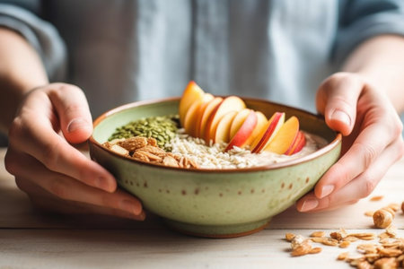 a hand topping a peach smoothie bowl with a slice of peach, created with generative aiの素材
