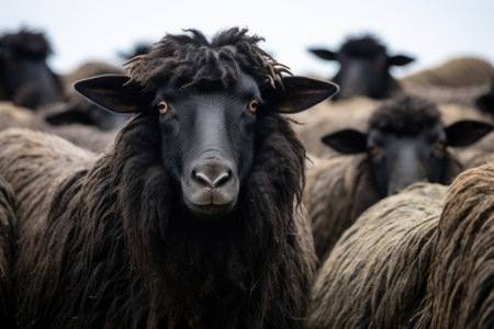 flock of sheep with a black sheep in the middle, created with generative aiの素材