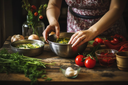 hand preparing the dip in a rustic farmhouse-style kitchen, created with generative aiの素材
