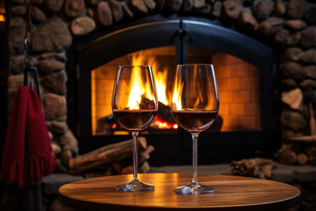 two wine glasses positioned near a fireplace, created with generative aiの素材
