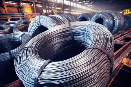 freshly produced steel wires coiled up, created with generative aiの素材
