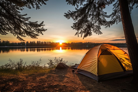 camping tent next to a lake at sunset, created with generative aiの素材
