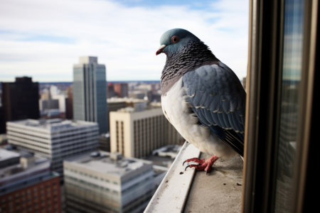 pigeon roosting on a windowsill of a tall city building, created with generative aiの素材
