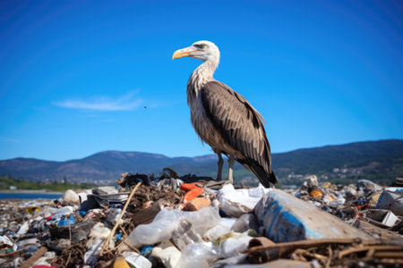 a seagull standing on a trash heap near the ocean, created with generative aiの素材