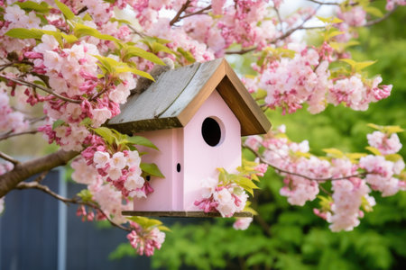 a birdhouse installed in a blossoming tree, created with generative aiの素材