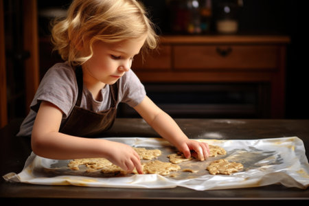 a child pouring cookie dough onto a baking sheet with parchment paper, created with generative aiの素材