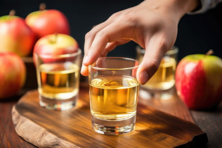 hand garnishing apple cider vinegar drink with fresh apples, created with generative aiの素材