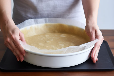 a hand holding a roll of parchment paper, lining a pie dish, created with generative aiの素材