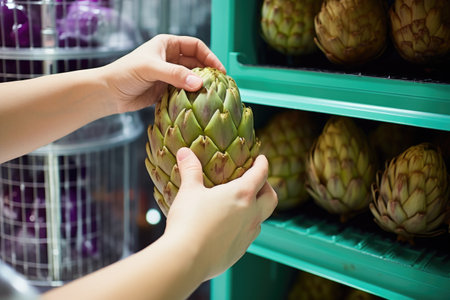 hand adding a canned artichoke heart to a grocery cart, created with generative aiの素材