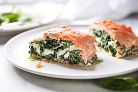 salmon fillet stuffed with spinach and ricotta cheese, created with generative aiの素材