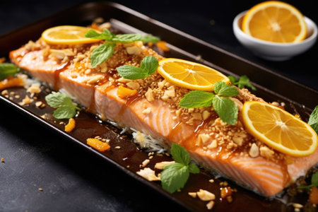 baked salmon with toasted sesame seeds topping, created with generative aiの素材