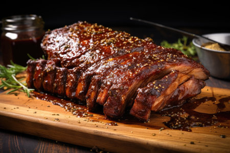 bbq ribs glazed with a brown sugar and mustard sauce, created with generative aiの素材