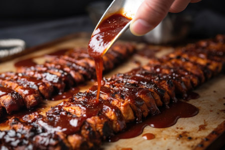close-up of bbq sauce being brushed onto tempeh ribs, created with generative aiの素材