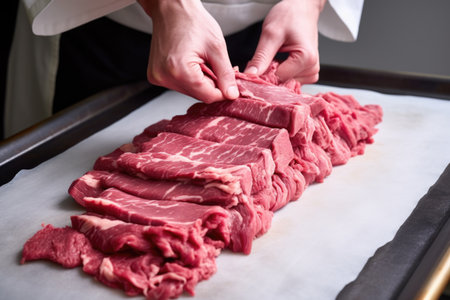 unwrapping fresh, raw beef pieces for stroganoff, created with generative aiの素材
