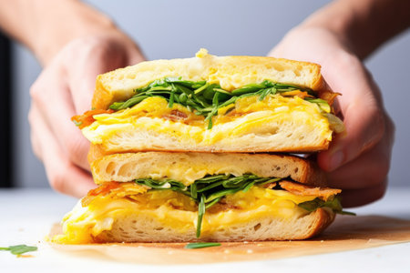 hand pulling apart a cheesy omelette sandwich demonstrating the melted cheese, created with generative aiの素材