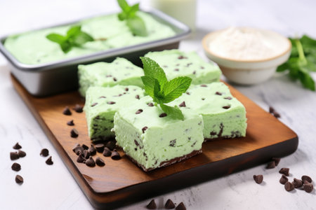 mint chocolate chip brownies on a paper tray, created with generative aiの素材