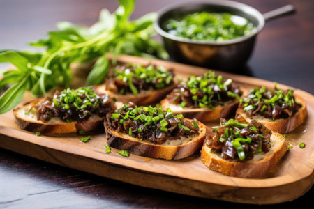 raw olive bruschetta garnished with chopped chives on a metal tray, created with generative aiの素材