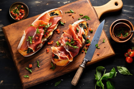 high angle shot of prosciutto bruschetta with a knife alongside, created with generative aiの素材