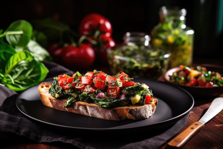 dark glossy table holding a vibrant dish of bruschetta with spinach and artichoke, created with generative aiの素材