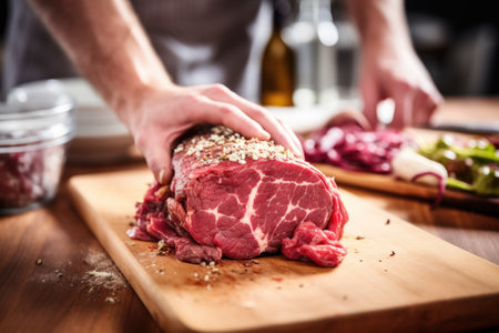 hand assembling a beef burger with bacon, created with generative aiの素材